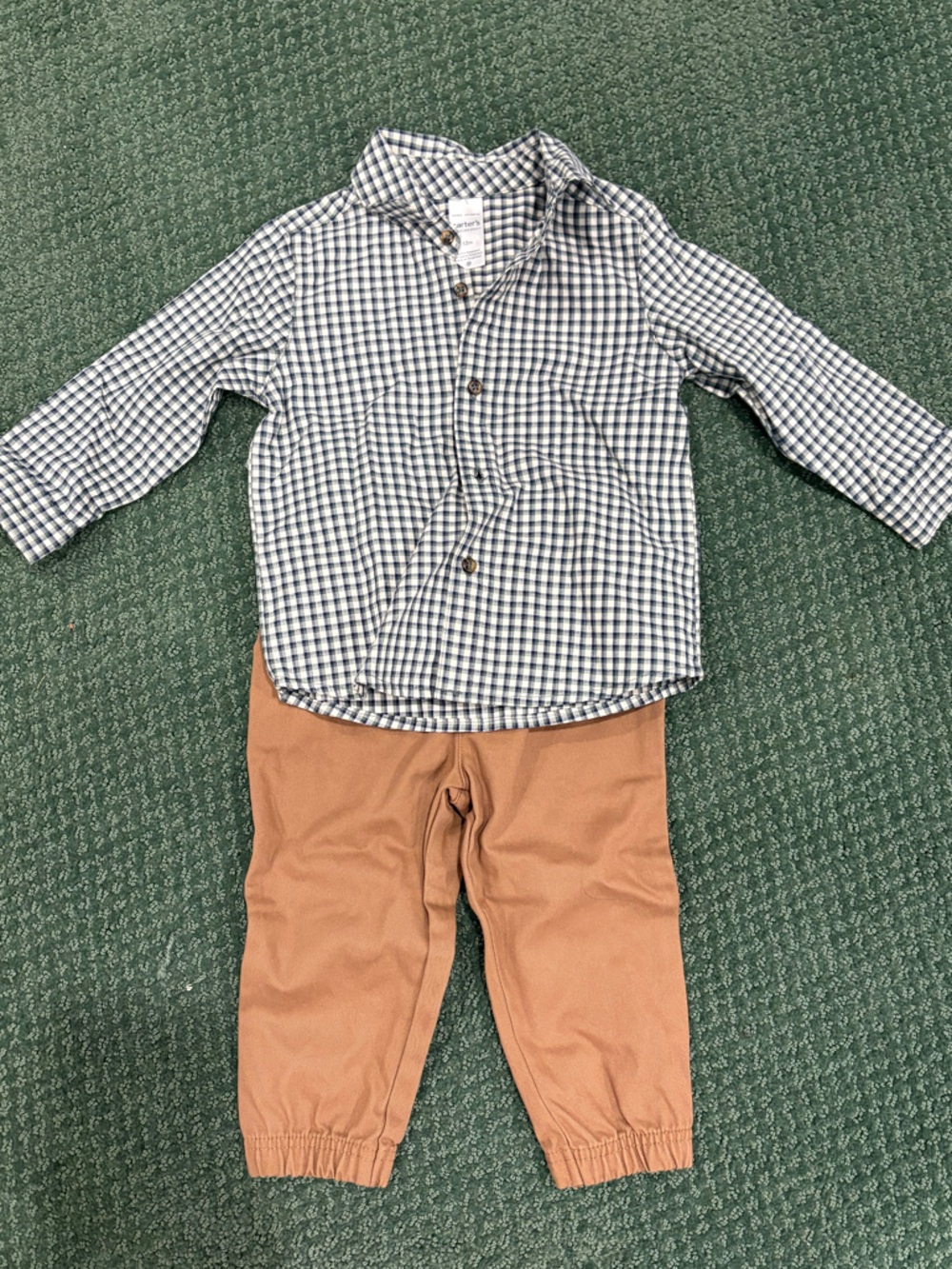 Carter's Blue Gingham Shirt with Tan Joggers